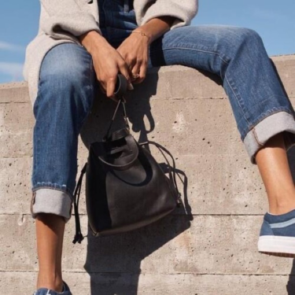 Madewell The Small Drawstring Transport Black Leather Bag